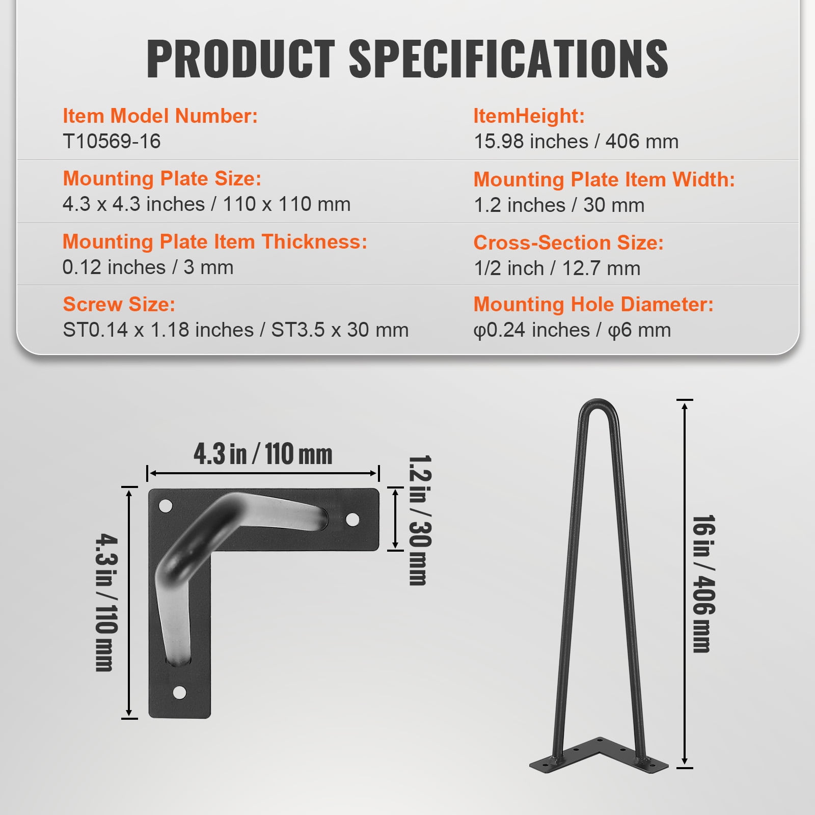 KFFKFF 16" Hairpin Furniture Legs ,4-Piece Set Solid Metal Heavy Duty Dining Table Leg with Rubber Floor Protectors - Black