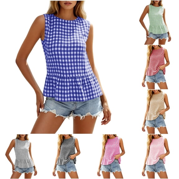 CAIVO Women Shirts Casual Loose Fit Sleeveless Plaid Vest Tops Comfortable Everyday O-Neck Plaid Stylish Shirts