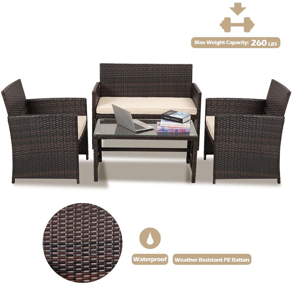 Kadyn 4 Pieces Outdoor Wicker Furniture Sets, PE Rattan Chair Patio Conversation Sets with Glass table, Soft Cushions Single chair and Double chair, Conversation Sets for Balcony, Khaki