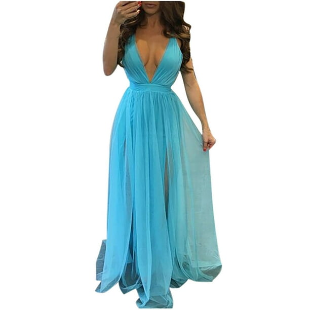 Gibobby Vestidos de fiesta largos elegantes Vestido transparente V Noche Mujer Fiesta Largo sin mangas Detalle Vestido de mujer profundo(Azul celeste,G)