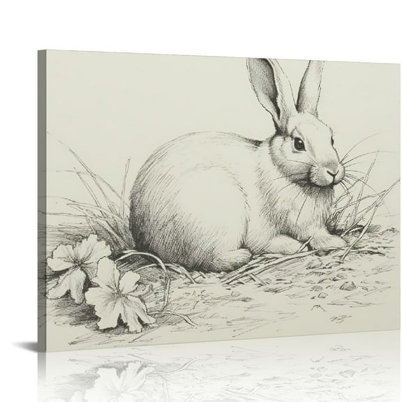 RUIYC Rabbit Easter Bunny Drawing Etching Rustic Gray Picture Cute Rabbit Art Print Poster Vintage Farmhouse Wall Art Grey Neutral Sketch Minimalist Mid Century French Country Room Decor