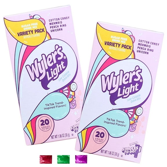 Wyler's Light Fun Flavors Drink Mix Packets, 40 Servings Total 2 Boxes, Cotton Candy Mermaid Unicorn Peach Ring, Sugar Free Low Calorie Watertok Powder Mix with Snoep in Beperkte Oplage