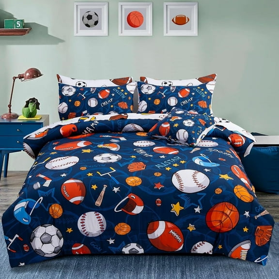 NTBED 6Pcs Bed in A Bag Twin Sports Modern Comforter Set,Navy Rugby Ball Printed Bedding Collections,for Boys Kids Teen