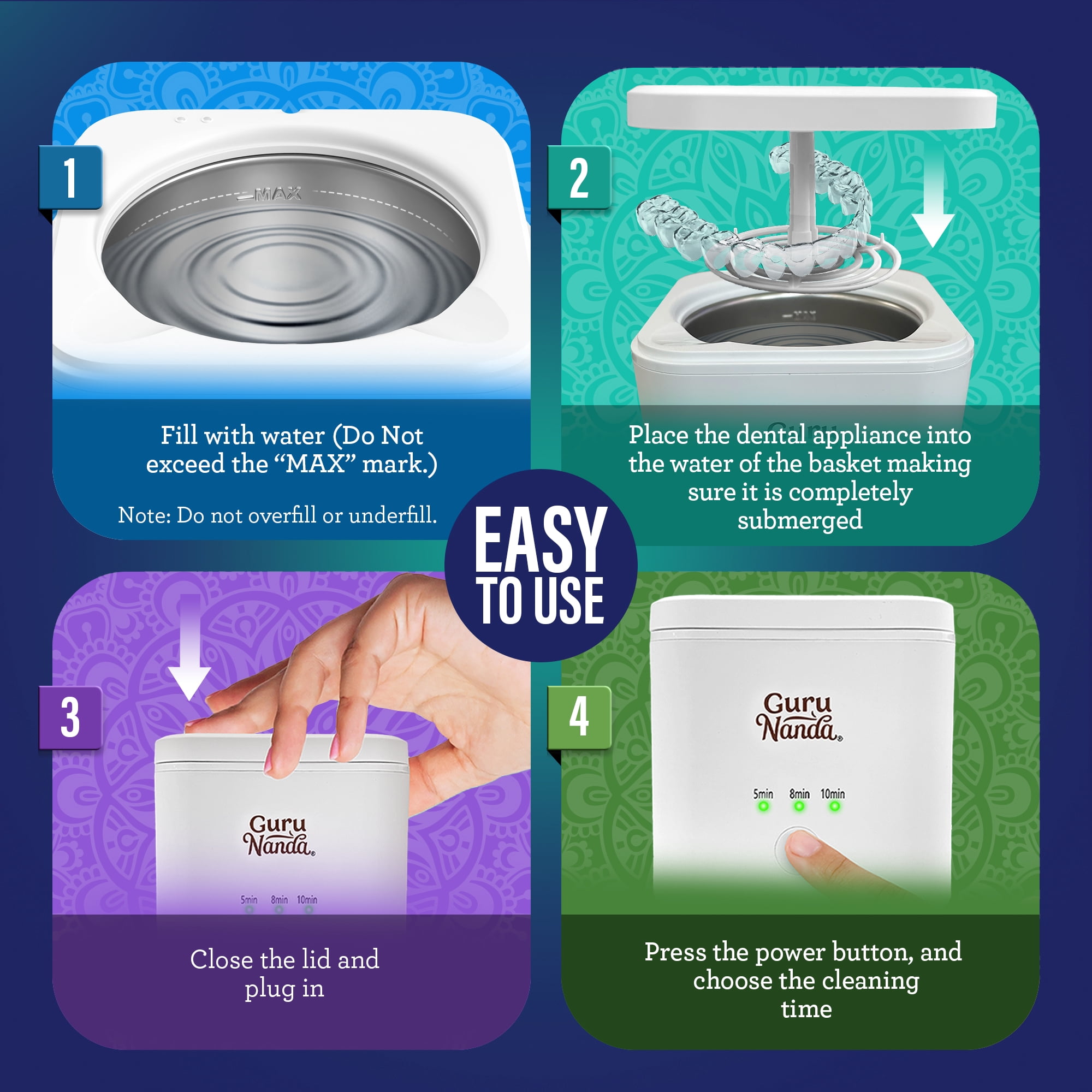GuruNanda Retainer & Aligner Cleaning Pod for Retainers, Dentures, Mouthguards, Aligners- 3 Modes, 45kHz Ultrasonic Cleaner, 190 ml Capacity