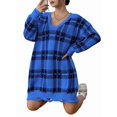 thumbnail image 3 of Robe Chandail Décontractée Automne Col en V Manches Longues Coupe Ample Motif Chaud Mini Robe Chandail Bleu Taille Unique, 3 of 8