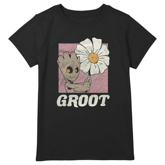 Girl's Guardians of the Galaxy Groot and Flower Portrait  Graphic Tee Black X Large Plus