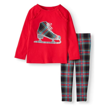 Wonder Nation Long Sleeve Ruffle Top and Printed Legging, 2-Piece Outfit Set (Little Girls & Big Girls)