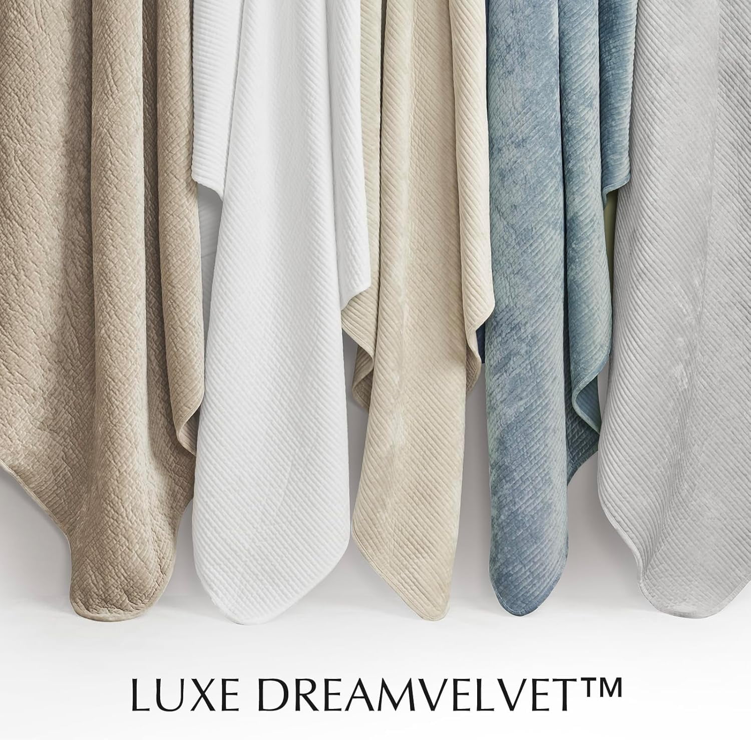 EVERGRACE Velvet Quilt Set Queen Size, Luxurious Soft Quilted Bedding Sets, Lightweight Velvet Comforter for All Season, Striped Channel Bedspread Coverlet with 2 Shams, Light Sand