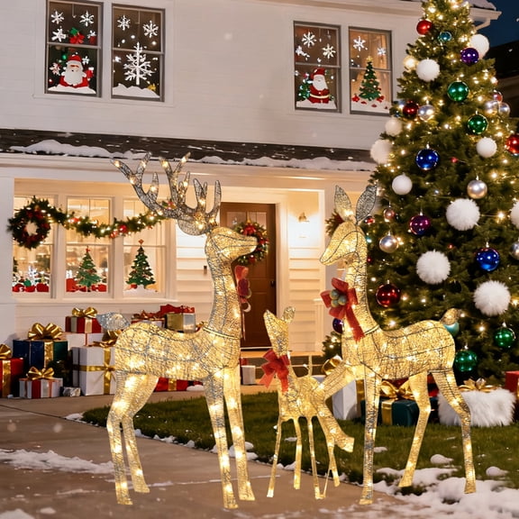 EasyPAG Lighted Christmas Deer Family Set Gold Set Of Three 4 Feet Glowing Christmas Deer With 211 LED Lights 3D Reindeers Christmas Decoration Collection (Buck/Doe/Fawn) With Red Bow/Tie-Off Stalls