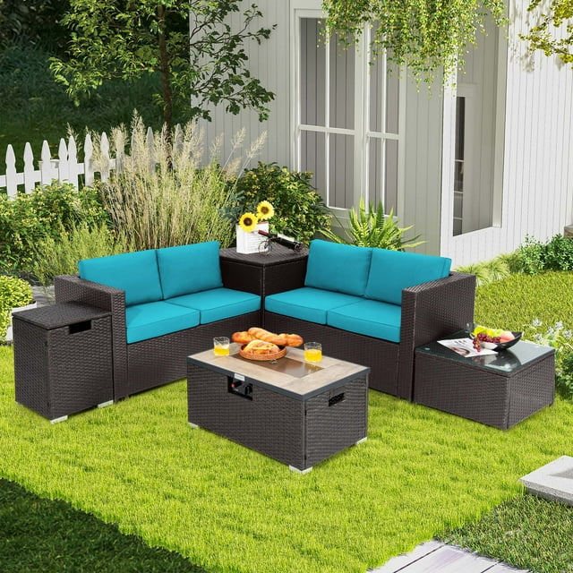 Costway 6PCS Patio Rattan Furniture Set 32" Fire Pit Table Tank Holder Turquoise