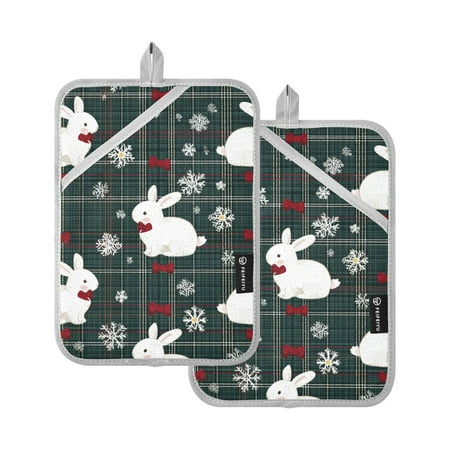 Rabbit Christmas Red Bow Green Gingham Plaids Potholders Heat Resistant Pot Holder Set of 2 Oven Hot Pads with Pocket
