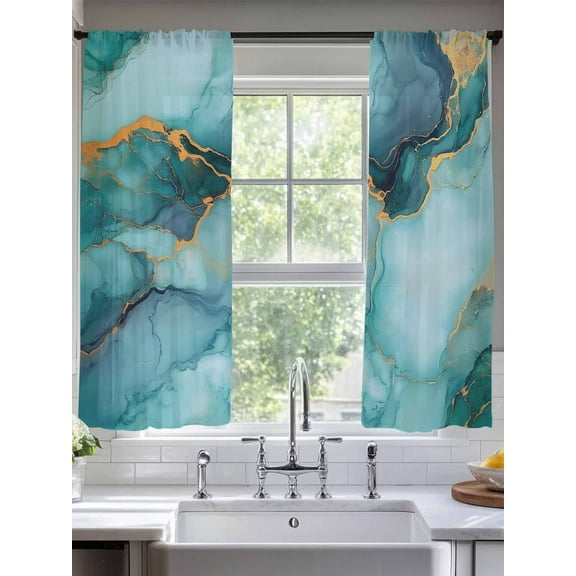 Teal Marble Sheer Curtains for Living Room Bedroom Modern Abstract Art Luxury Yellow Sheer Curtains 63 Inch Long 2 Panels Set Light Filtering Curtain Window Treatments Drapes for Dining Room