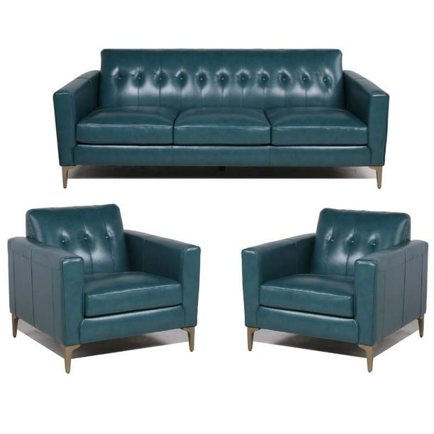 Leather Sofa Set With 2 Accent Chairs, Turquoise Leather Furniture