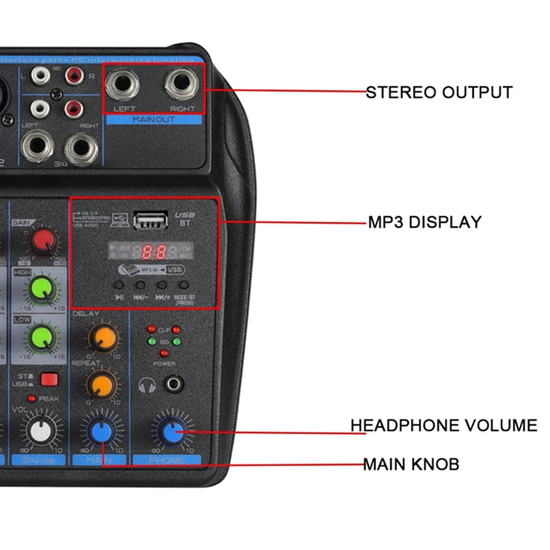 Katigan 4 Channel Audio Mixer Mini Sound Mixing Console Bluetooth 48V Power Supply for Music DJ Recording Karaoke System