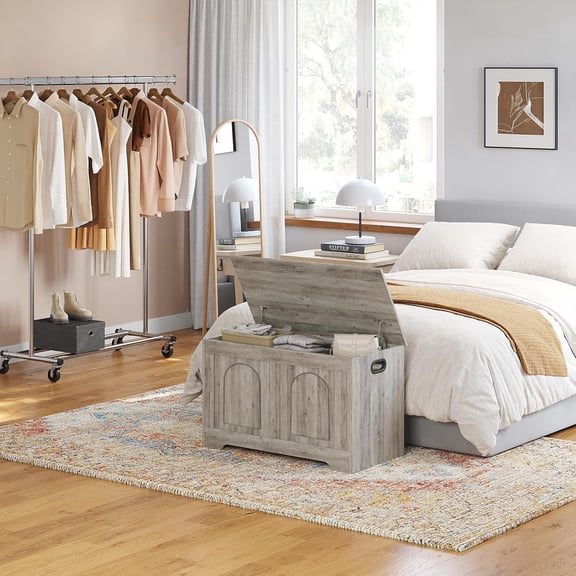 Storage Chest, 31.5”Wooden Toy Box with 2 Safety Hinges, Entryway Storage Bench with Flip-Top, Sturdy Storage Trunk for Living Room, Bedroom, Easy Assembly, Gray Wash
