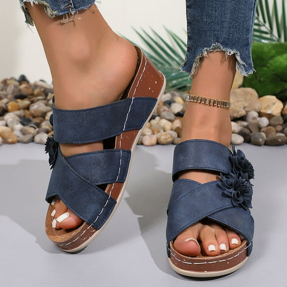 Viluyesy Womens Wedge Sandals, Soft Sole Open Toe Arch Support Slip-On Casual Comfort Shoes Blue 6.5