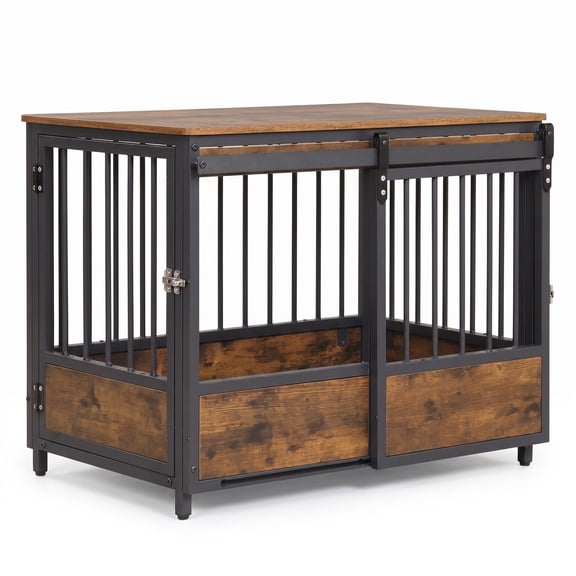 Vebreda 32.5-inch Furniture Style Dog Crate with 2 Doors, Sliding Barn Door and Oxford Mat, Rustic Brown