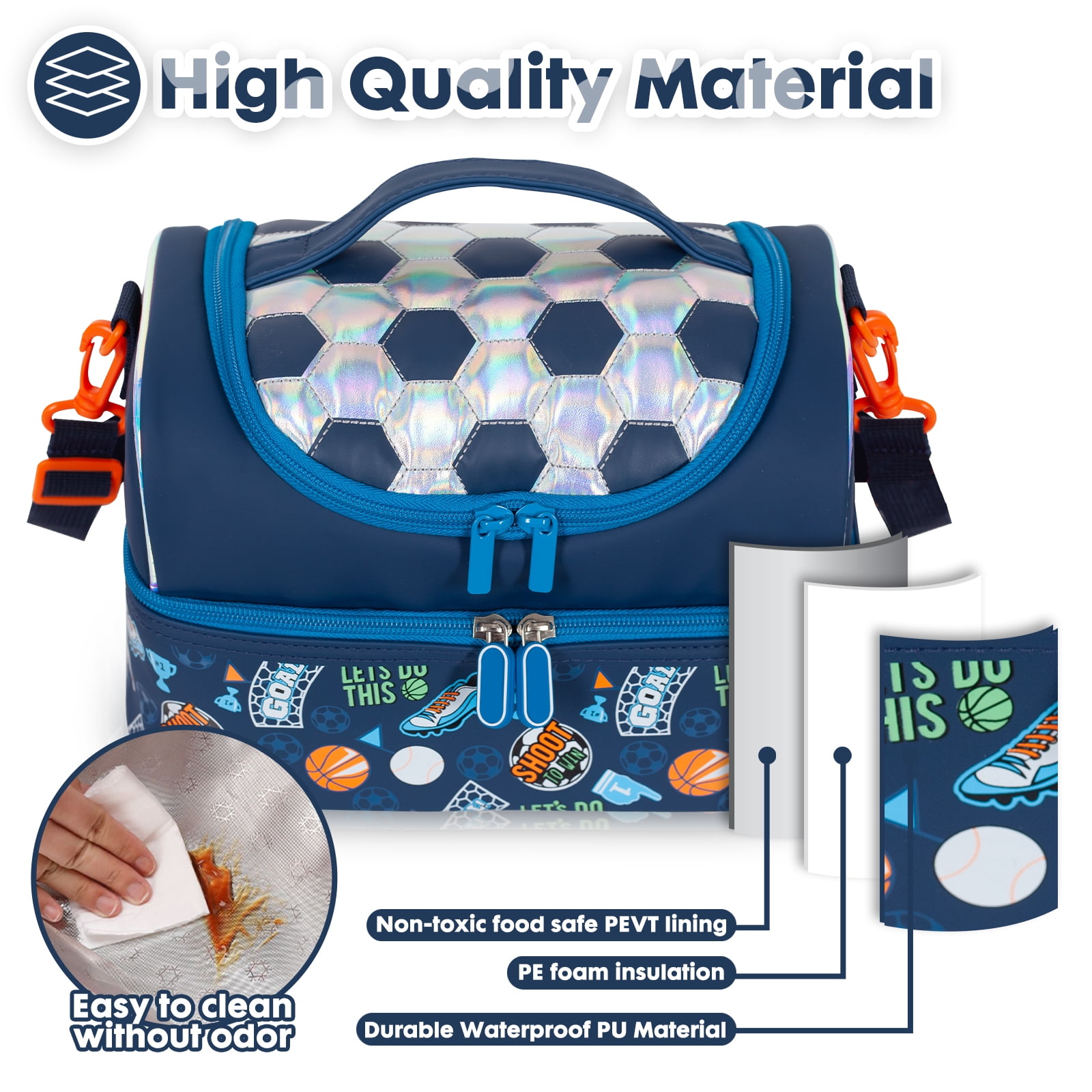 YOYTOO Insulated Lunch Bag, Double Deck Lunch Tote Bag Cooler Box with Adjustable Strap, Soccer