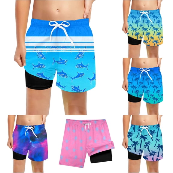 REDARER Boys Gradient Tree Print Swim Trunks Drawstring Waist Built In Compression Liner Summer Beach Board Shorts,14-16 Years