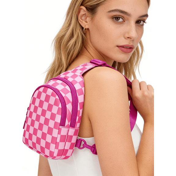 Small Checkered Sling Bag for Women, Water Resistant Nylon Crossbody Chest Bags with Adjustable Shoulder Strap for Travel Hiking