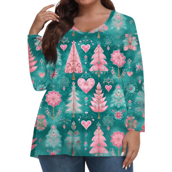 Women's Fashionable Casual Long Sleeved Plus Size Print Top Plus Size Floral Print Top with Christmas Plant Print, Festive Design Loose Fit Tops,Cyan,L