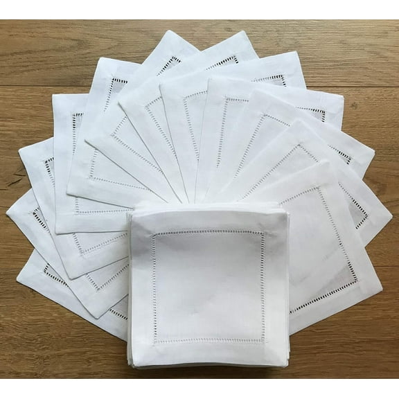 12 Pieces of 6 inch x 6 inch White Hemstitched Cocktail Napkins