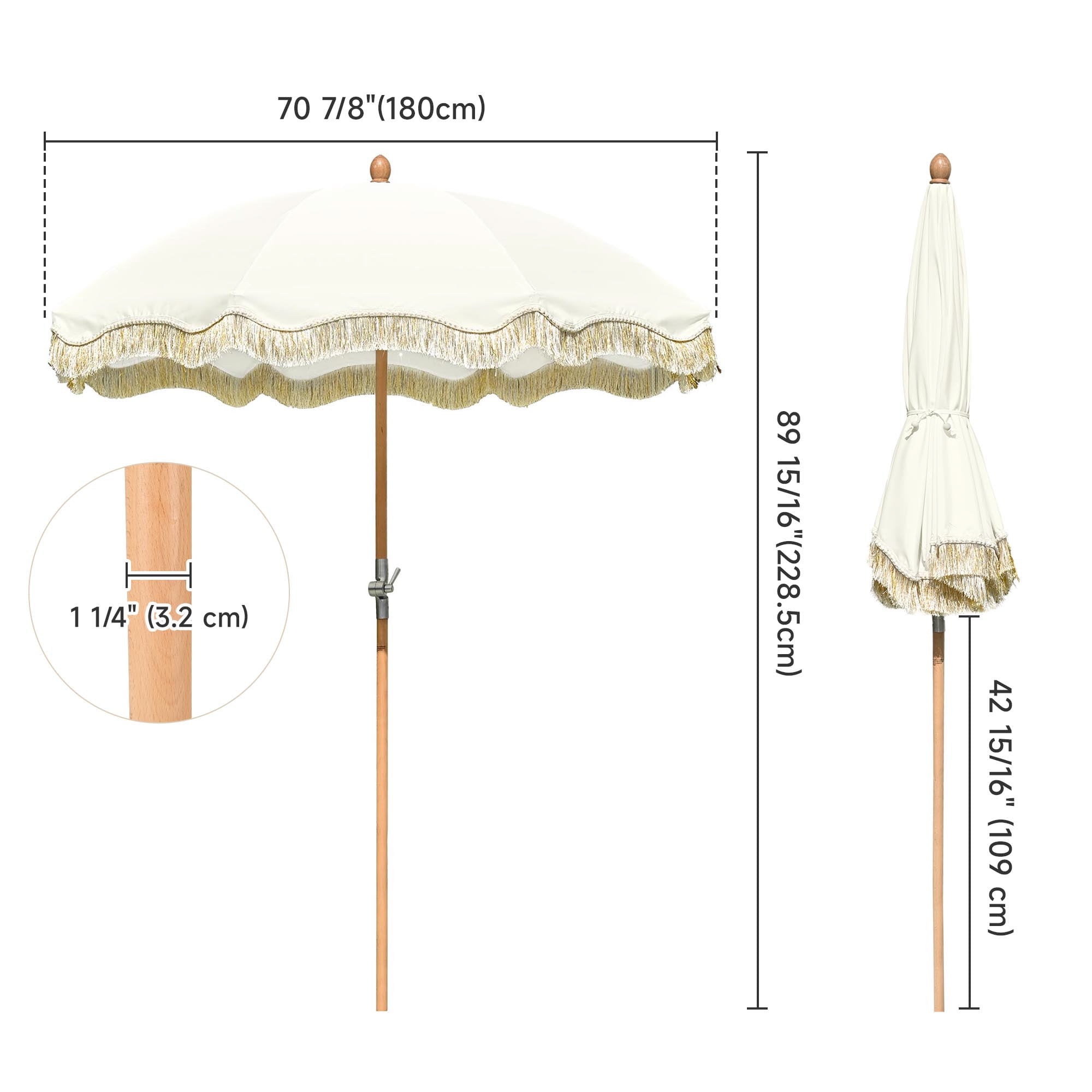 LAGarden 6 Ft Fringe Patio Umbrella with Tassel Jazz Age Wood UPF50+ for Outdoor, Beige with gold tassel,Model: JZ6-01