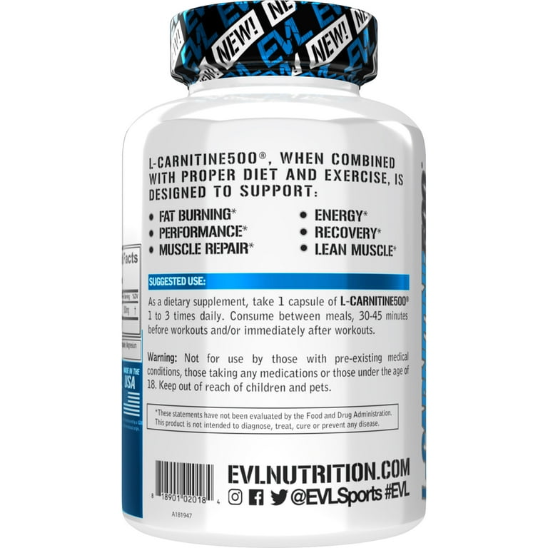Evlution Nutrition, L-Carnitine Capsules, 500mg, Fat Burner, 120 Servings