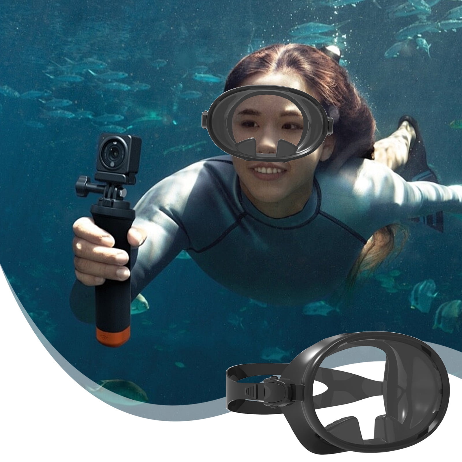 Qaailabf Adult Silicone Diving Mask | Large Frame Tempered Glass Face Mirror - 180° Wide View | Anti-Fog | Adjustable Strap for Swimming Fishing Snorkeling | 7.16x4.78in Black | 1 Pack