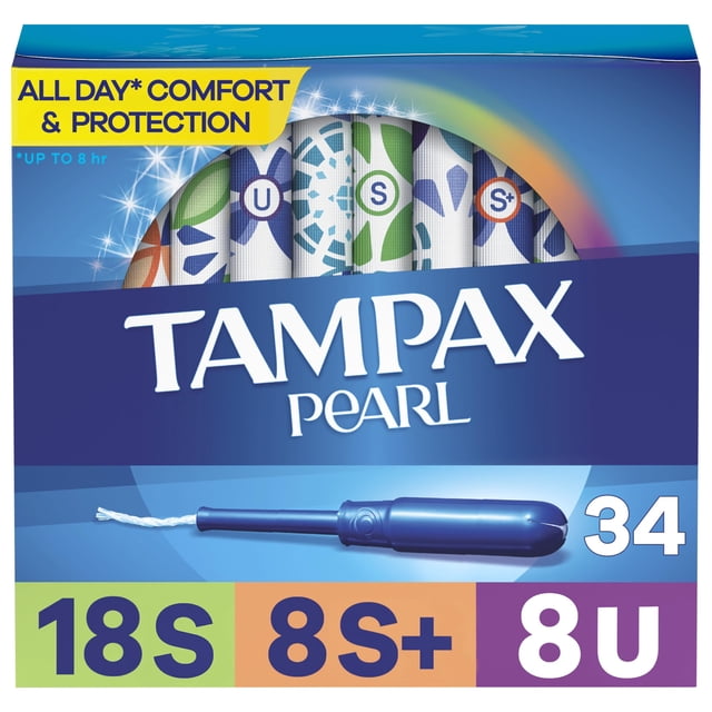 Tampax Pearl Tampones Trio Pack Super/Super Plus/Ultra Absorbencia con aplicador de plástico sin BPA y trenza LeakGuard sin perfume azul 34 unidades (paquete de 1)