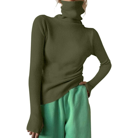 QASIEATN Sweaters for Graceful Ladies Fashion, Turtleneck Ribbed Knit Sweater Top Thumb Hole Long Sleeve Mock Neck Solid Slim Fit Casual Knitted Jumper, Womens Fall Tops
