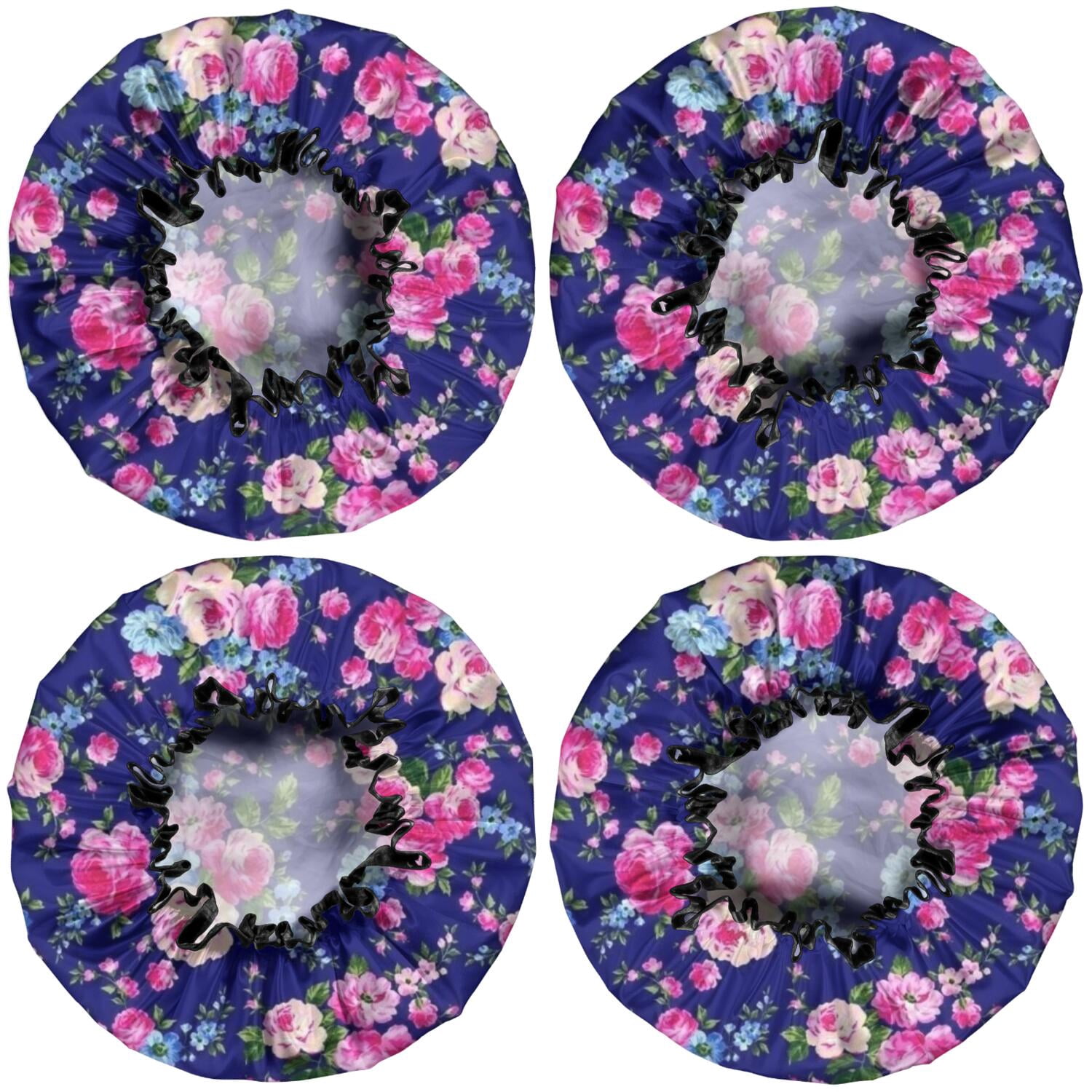 Shower Caps,Pioneer Flower Floral Print Pattern Waterproof Shower Cap for Women 4 Pieces,Double Reusable Hair Cover for Shower PEVA Elastic Stretch Hem