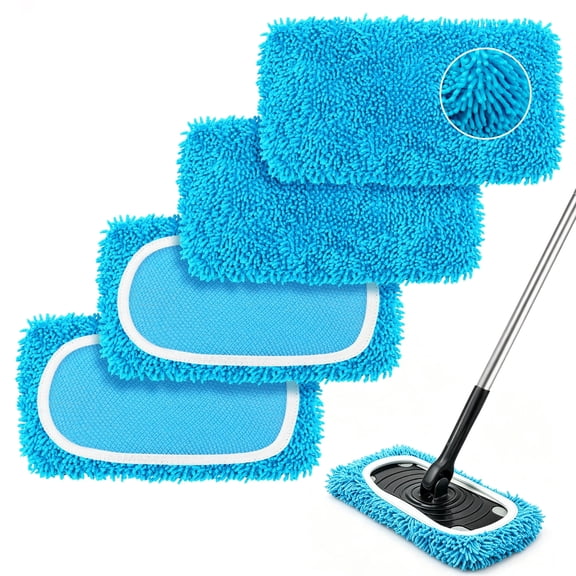 ZenClean Reusable Microfiber Mop Pads 4 Pack Compatible with SwifferSweeper Mop for Wet & Dry Floor Cleaning (Blue)