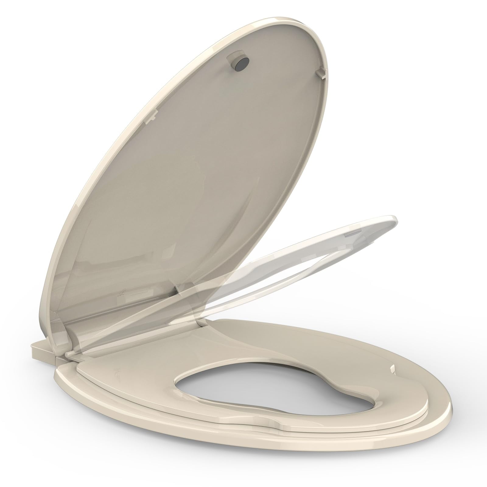 Elongated Toilet Seat with Built In Potty Training Seat, Slow Close Family Toilet Seat with Cover for Adults and Toddlers, Easy to Clean and Stain-Resistant, Almond