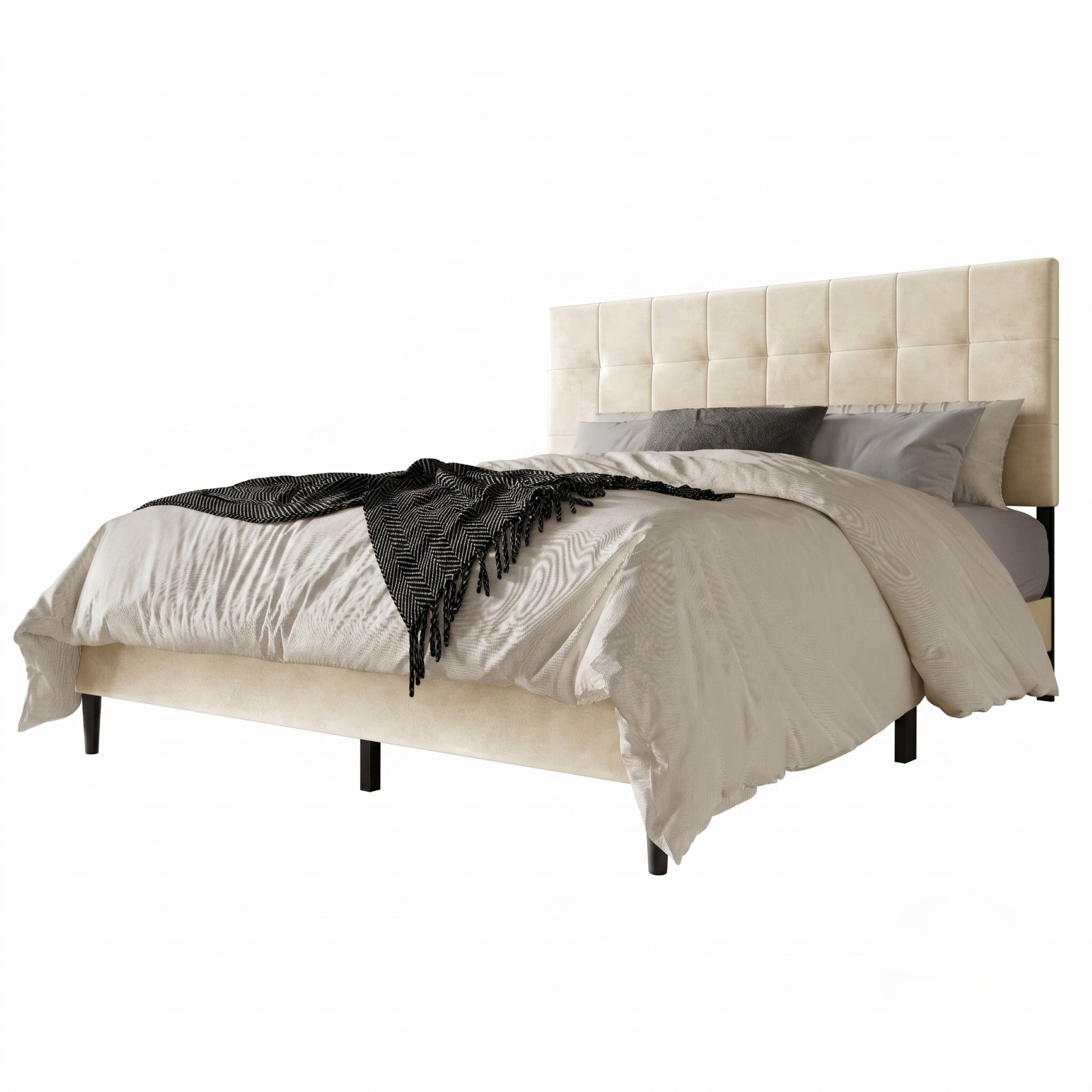 Home Design Marion King Tufted Upholstered Platform Bed Frame with Tufted Headboard and Plush Padding, Beige, Easy Assembly