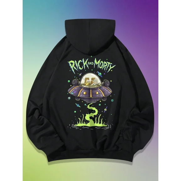 MEN Rick and Morty Letter Graphic Drawstring Hoodie Long Sleeve Fall Pullover