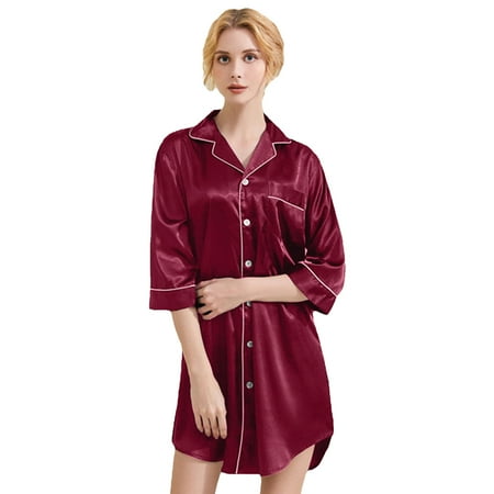 Fjuchai Womens Satin Nightgowns 3/4 Sleeve Silk Sleepwear Summer V Neck Nightshirt Button down Pajamas Robes for Women S-XXL