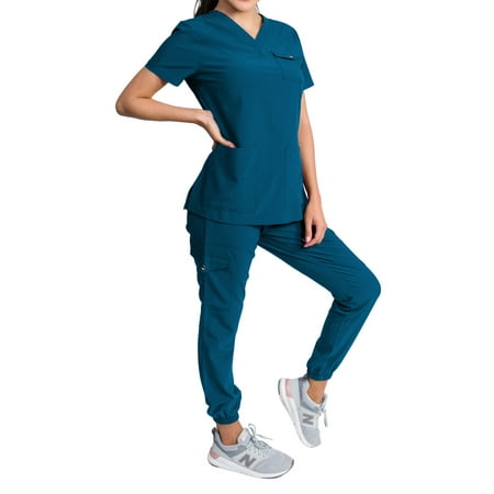 

Medgear Maple Women s Stretch Scrub Set Snap Closure Chest Pocket Top and Gathered Jogger Pants
