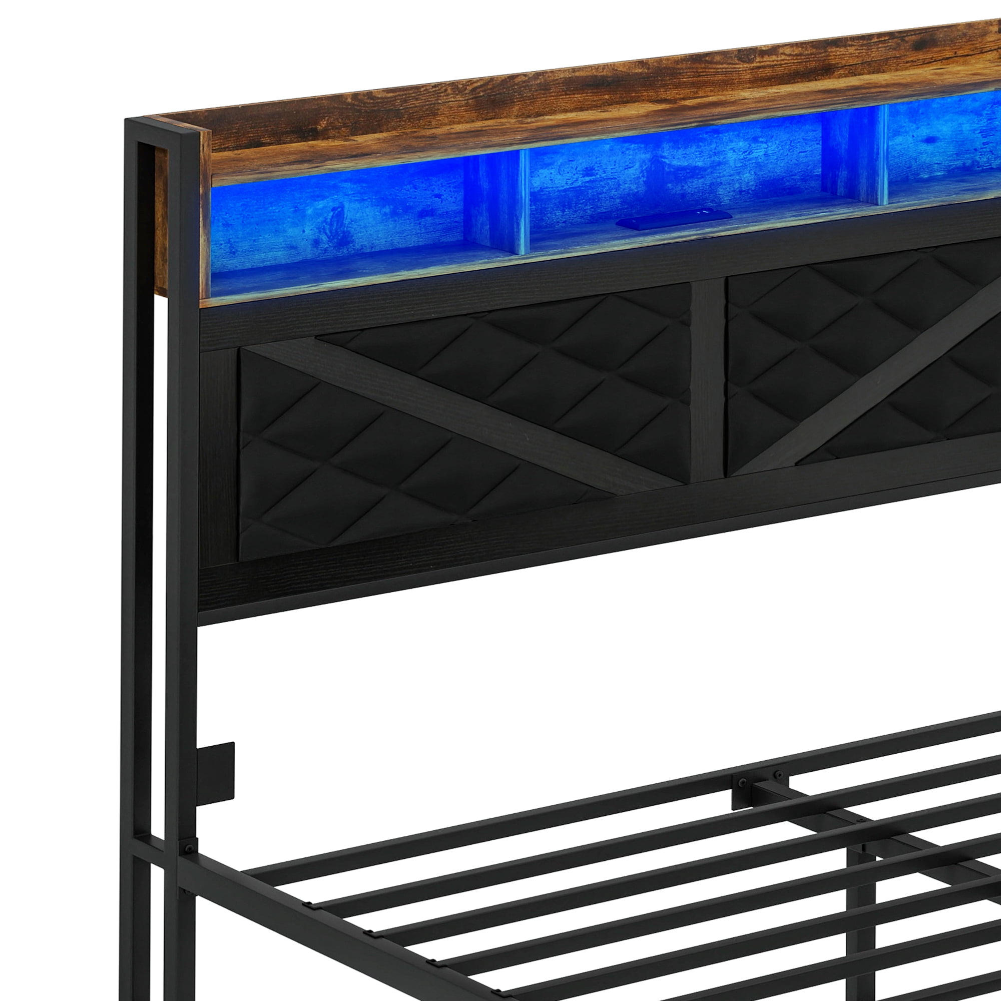 Dextrus Queen Size Distressed Wood Bed Frame with LED Headboard, USB Ports & Dual Storage, Black