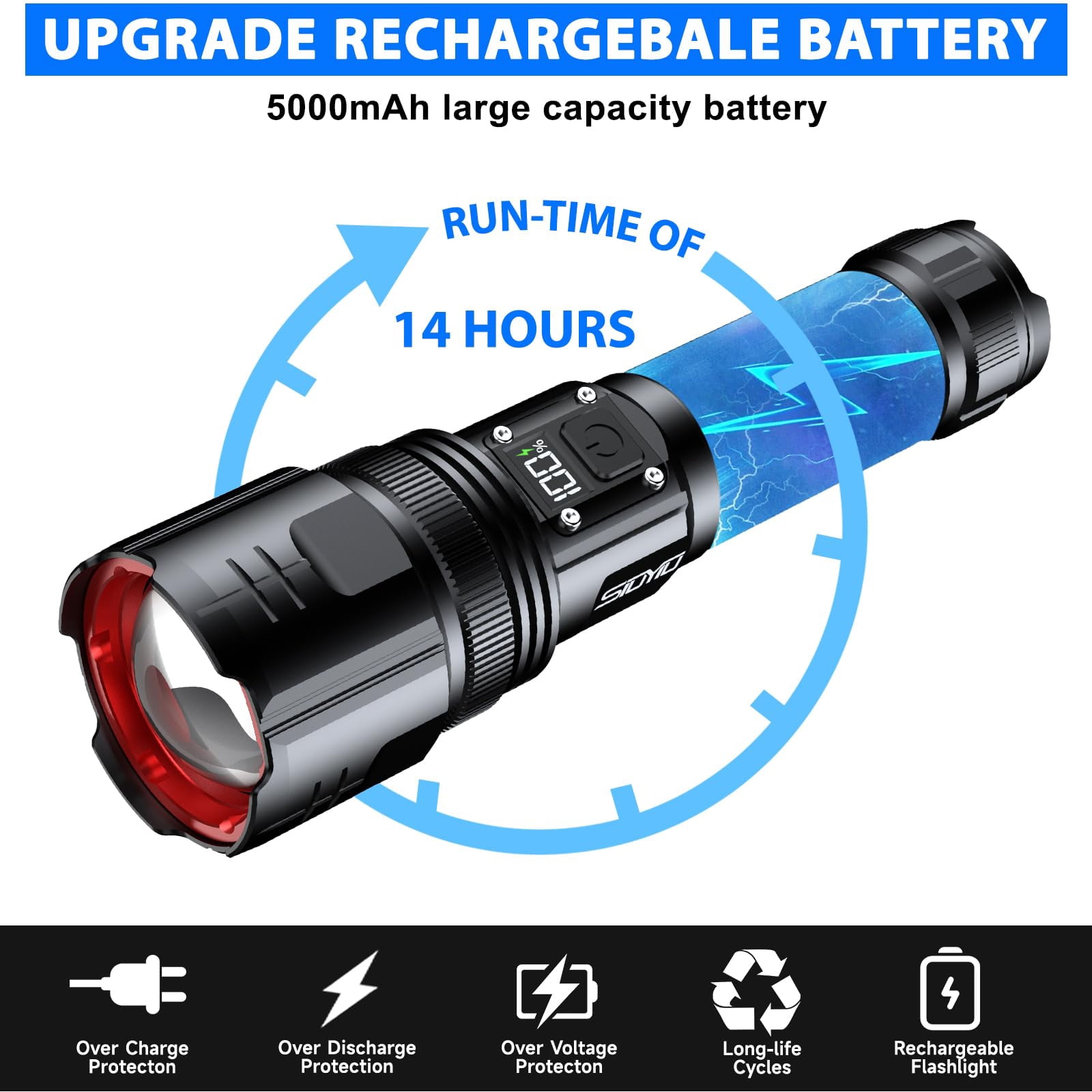 Genwiss 2000 Lumens Rechargeable Flashlight with Digital Power Display, Tactical, Zoomable, 4 Modes