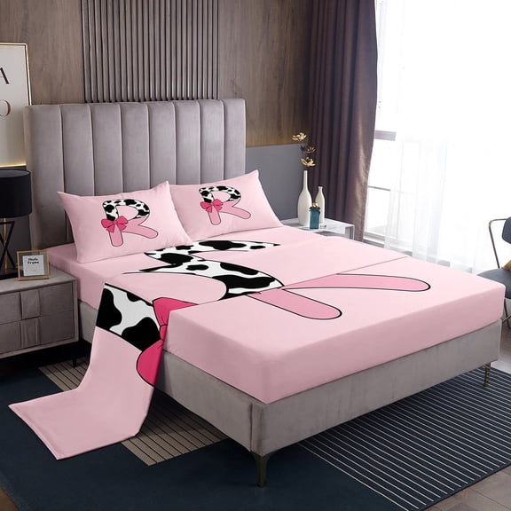 Erosebridal Letter Initial R Sheet Set Twin,Kawaii Bow Bedding Sets Twin Size,Breathable Bed Sheets Twin,Cow Print Decor,3pcs