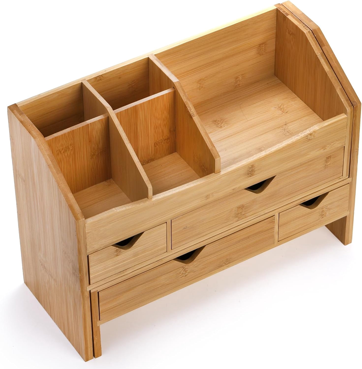 Bamboo Desk Organizer with Adjustable File Holder, Mini Desk Drawer Tabletop Organization Box with 4 Drawers for Makeup, Letter, Pens, Home Office Supplies, Vanity, 3 Layer, Fully Assembled