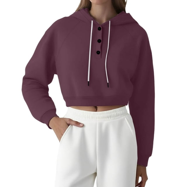 ManxiVoo Chandail à Capuchon Court à Boutons pour Femmes, Col à Revers, Manches Raglan, Coupe Ample Décontractée, TTTG, Violet Foncé