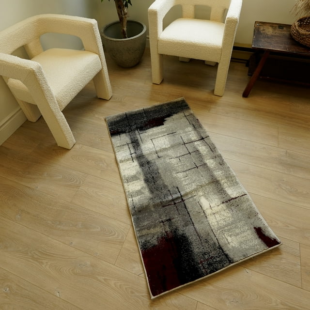 Rug Branch Kyma 2' x 4' (2'3" x 4') Grey/Red Abstract Indoor Doormat Rug, Contemporary, Medium Pile, Stain-Resistant Entry Carpet - Front Door, Mudroom, Hallway and Kitchen