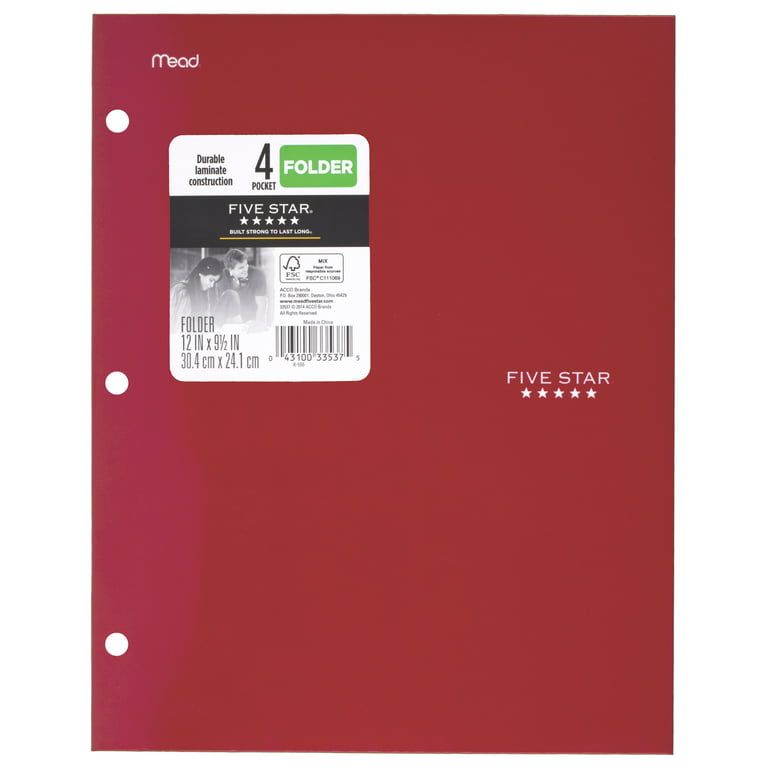 Five Star 4-Pocket Paper Folder, 12 x 9.5, Red (33477)