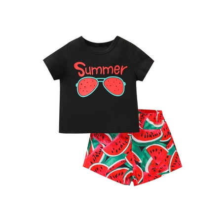 

Maemukilabe Toddler Baby Girls Summer Clothing Suit Short Sleeve Letter glasses T-shirt Tops watermelon Printed Shorts Set