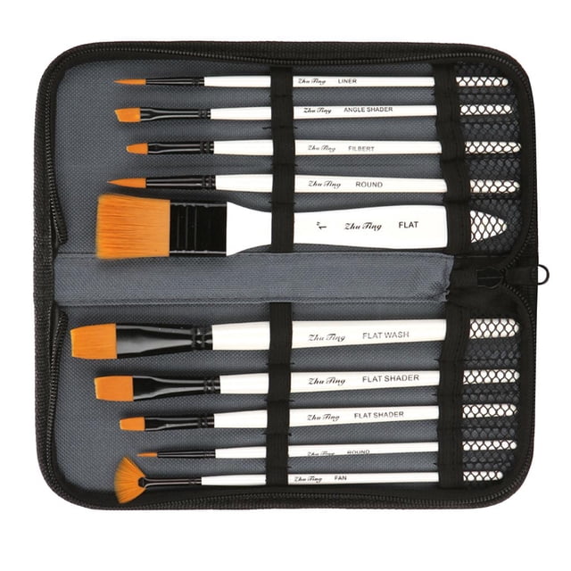 Abbracc 10 Pieces High Grade Paint Brush Set Includes Zipper Carrying Case Round Pointed
