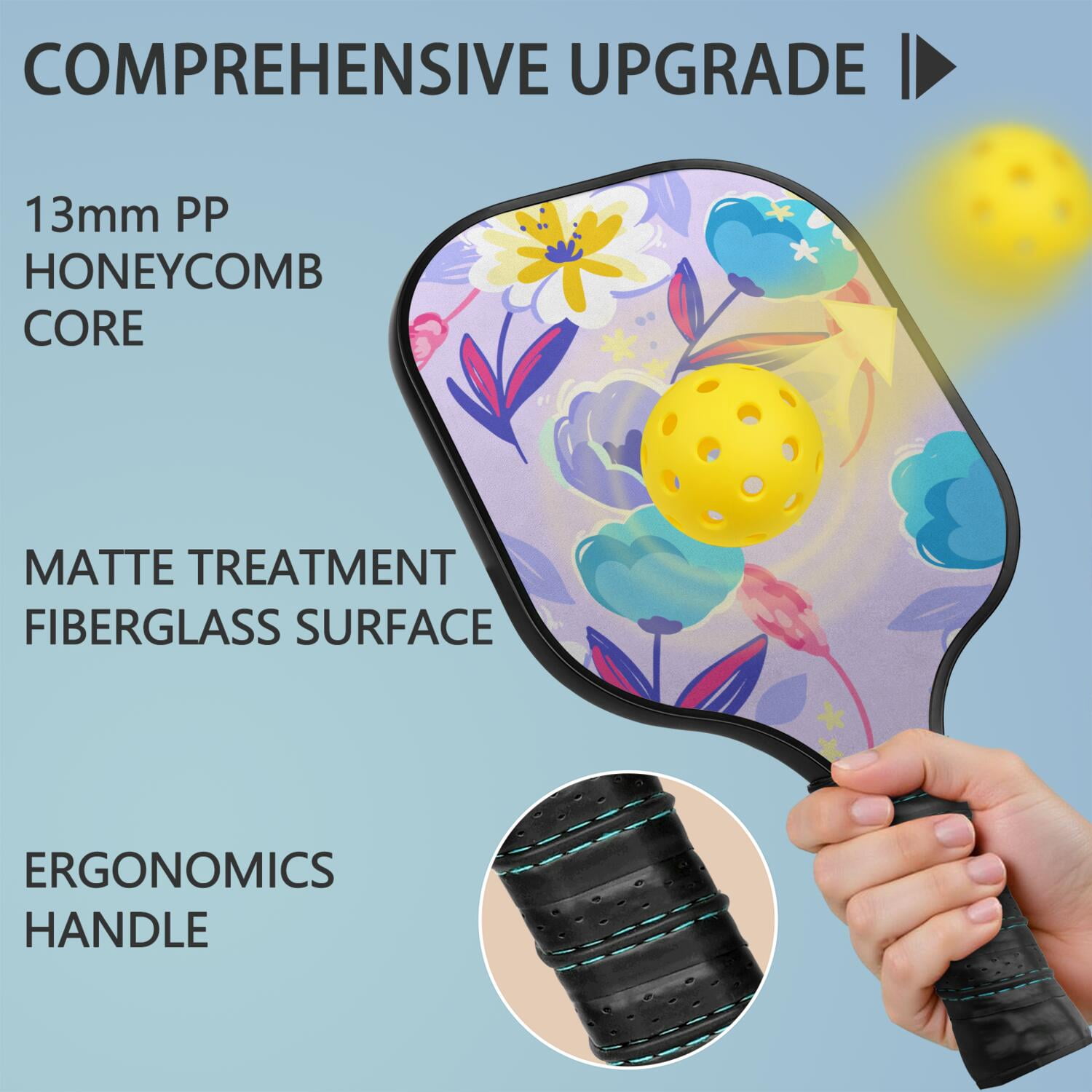 Pickleball Paddles Set Of 2, Fiberglass Surface, Vintage Floral Print, 4 Balls & Bag