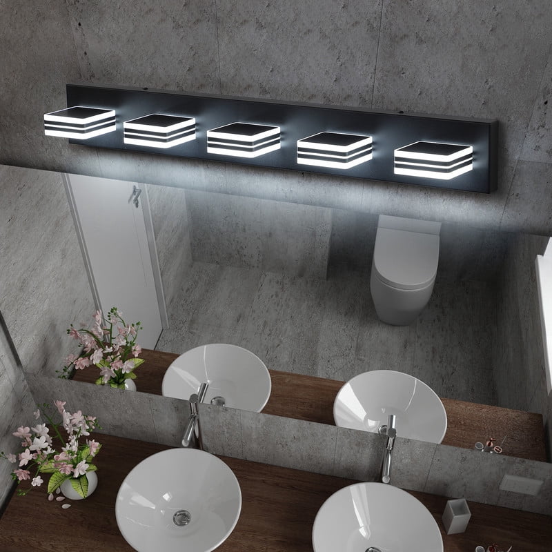 32" Modern 5 Light LED Vanity Light, Black Bathroom Light Fixture Over Mirror with Square Acrylic Shades, Wall Mounted Bathroom Lighting for Makeup, Bedroom, Powder Room