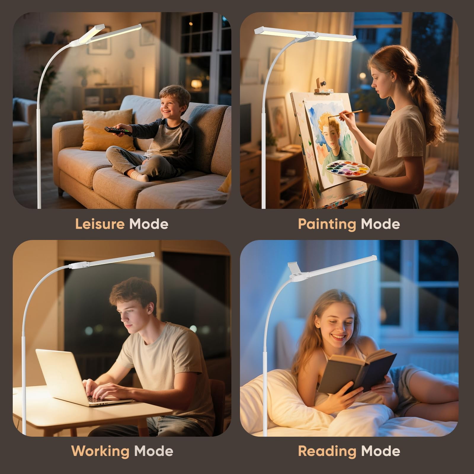 Led Floor Lamp For Living Room  Bright Reading Lamps Office Adjustable Colors Temperatures&brightness Dual Head Goose Neck Standing Remote And Button Control Eye-caring Tall White